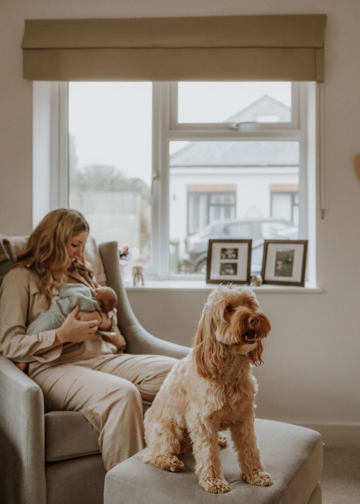 Sienna's protective dog, Flynn, sitting by her side during a tender moment in their Surrey newborn photoshoot.